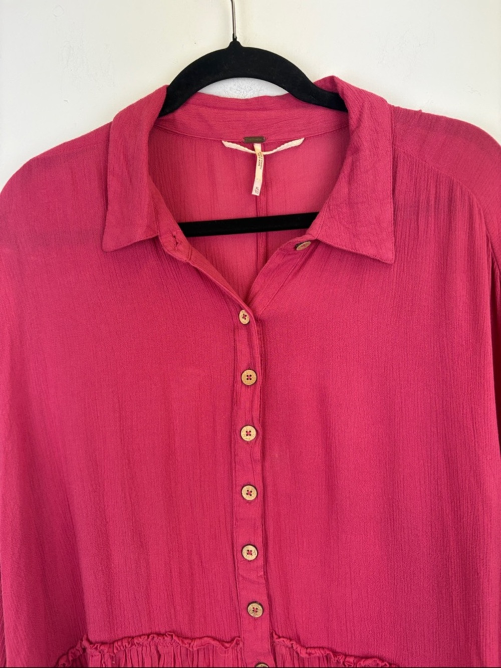 Free People Pink Gauze Button Front Peplum Top XL Boho Flowy Raw Hem Blouse - Picture 3 of 11
